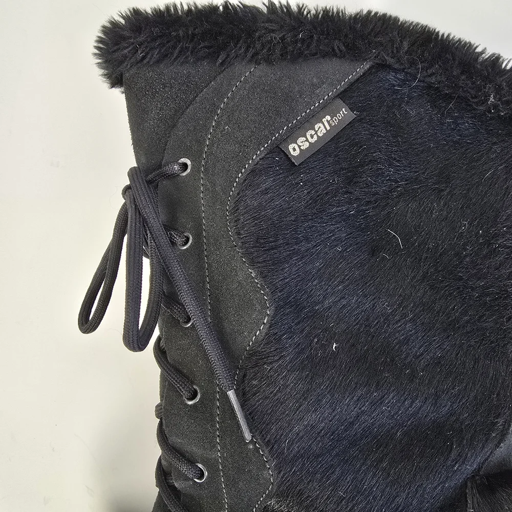 Oscar Sport Apres Ski Black Fur Tall Lace Up Winter Boots Size 41